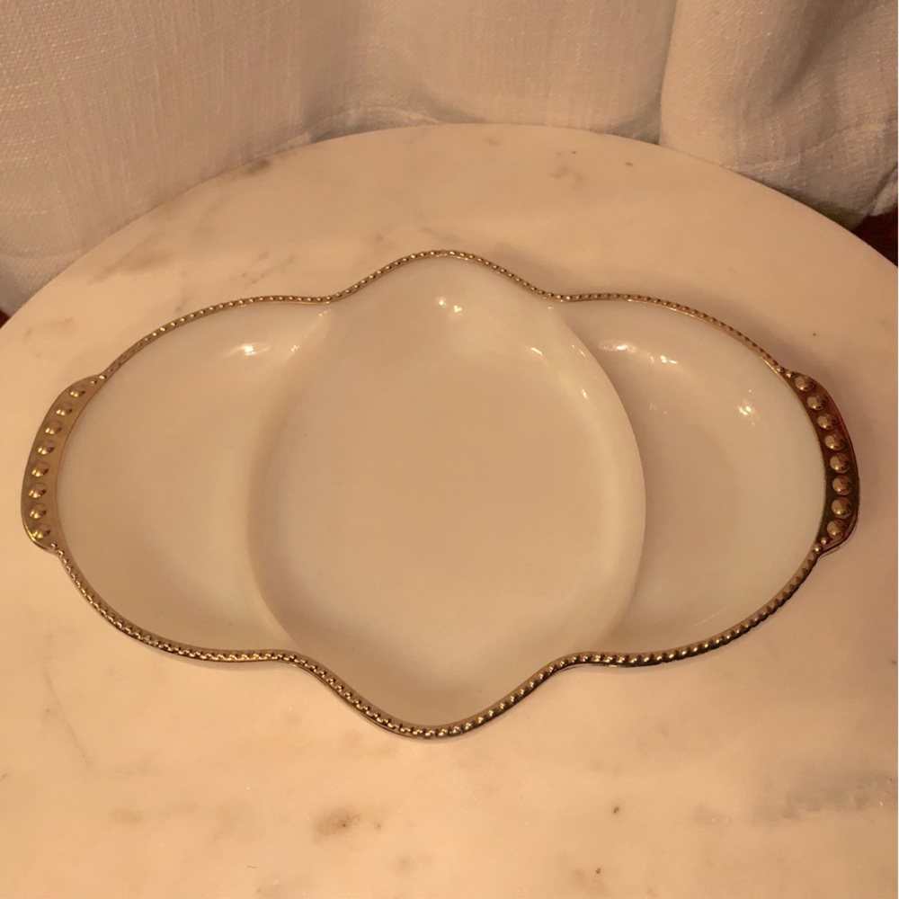 White Milk Glass Fire-King Tray with Gold Trim